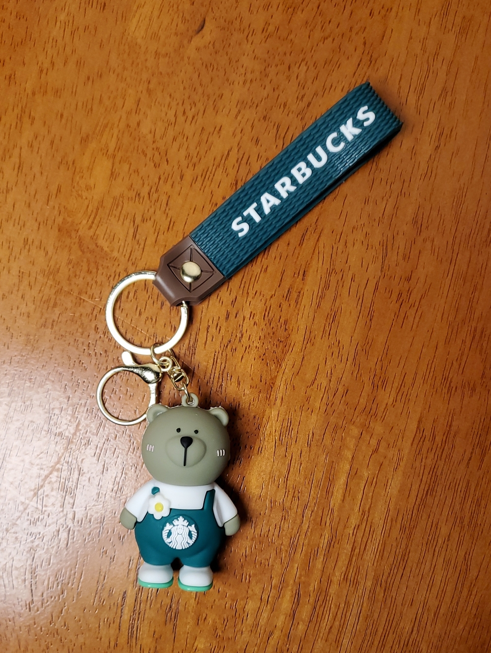 Starbucks Themed Silicone Teal Ribbon With Bear In Overalls Keychain